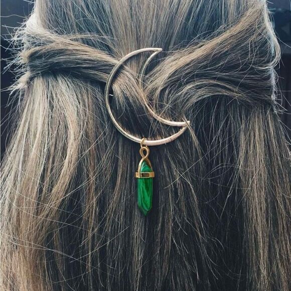 Cottagecore Crescent Moon Gold Hair Accessory with green dangling crystal - Picture 1 of 3